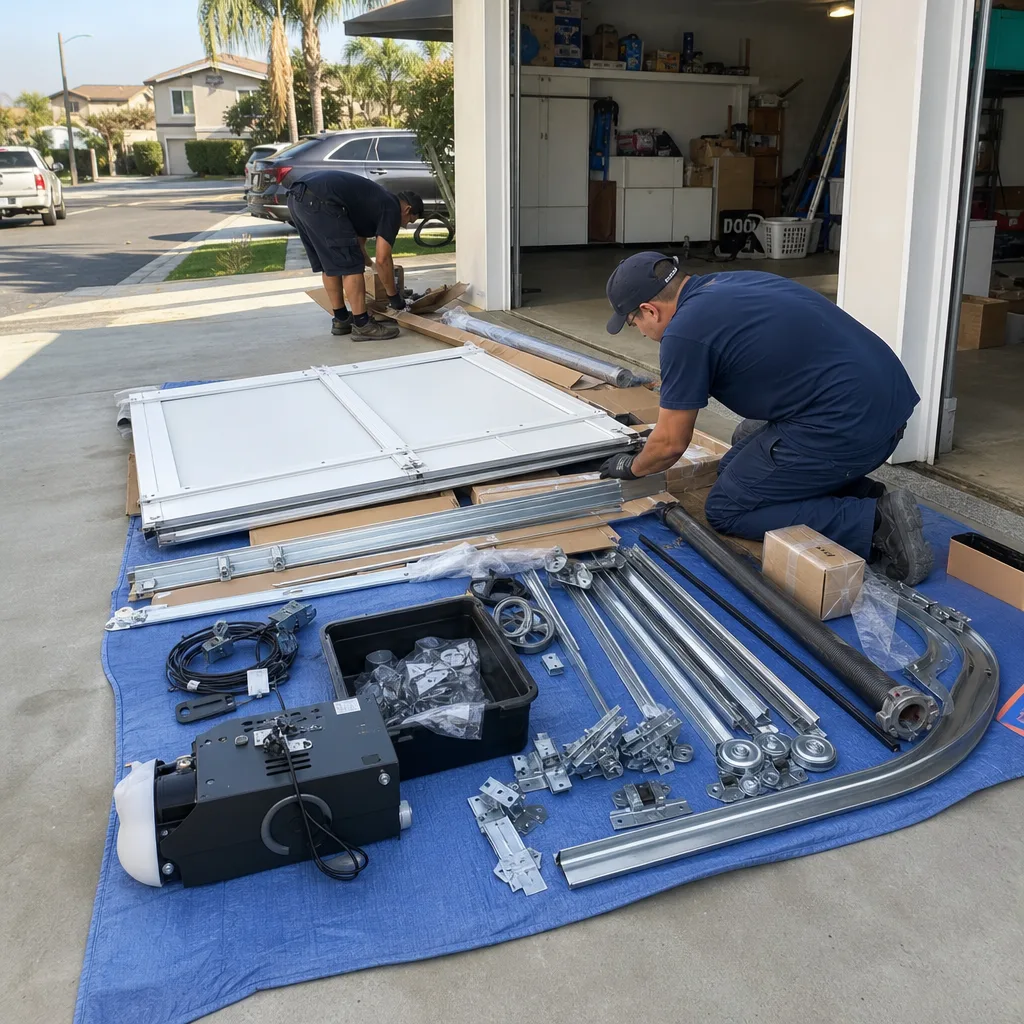 Technician using a power drill to install a garage door seal