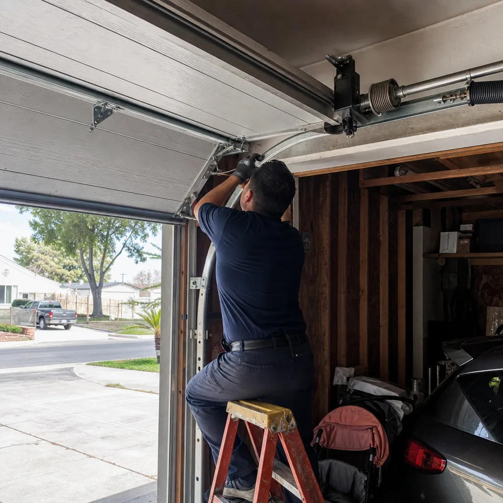 Technician performing maintenance on garage door roller and hinge hardware