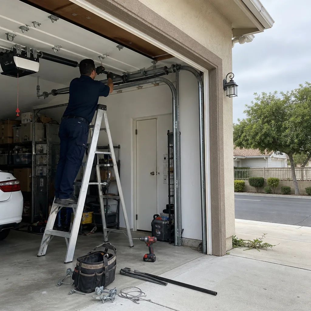 Technician performing maintenance on garage door roller and bottom bracket hardware