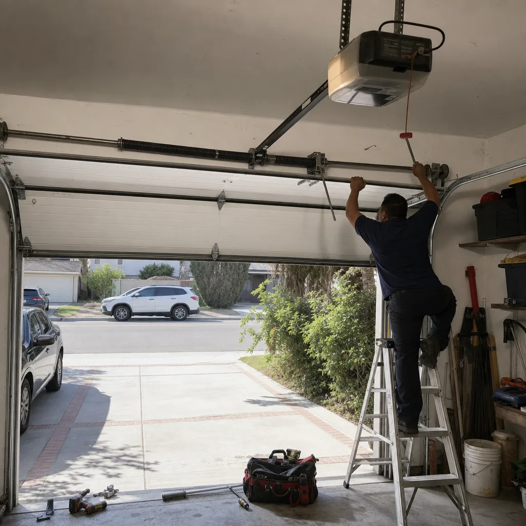 Professional technician performing garage door repair on an open residential garage door.