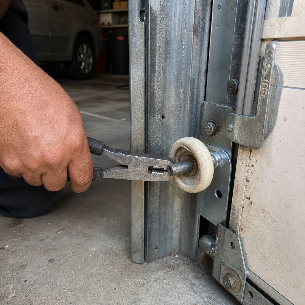 Garage door repair technician adjusting a roller in a garage door track