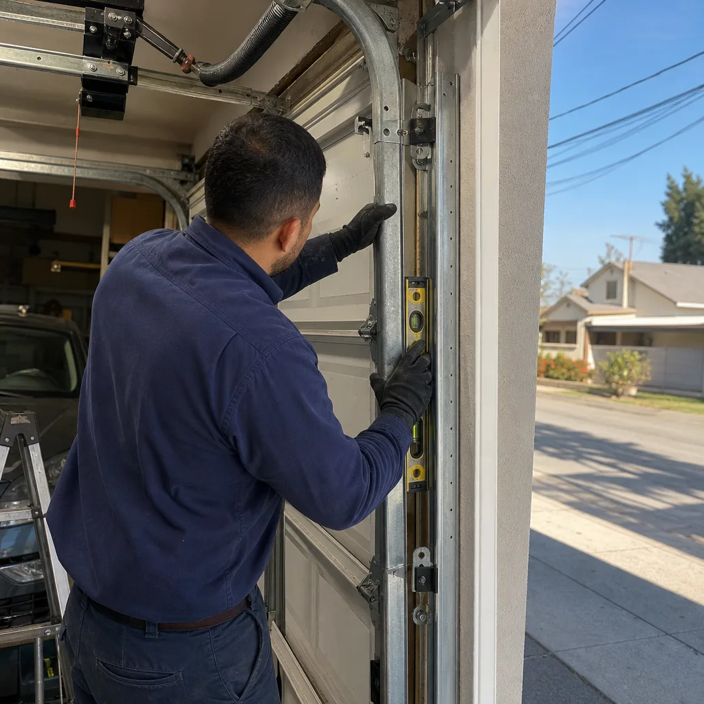 Technician checking vertical alignment of a garage door track with a level